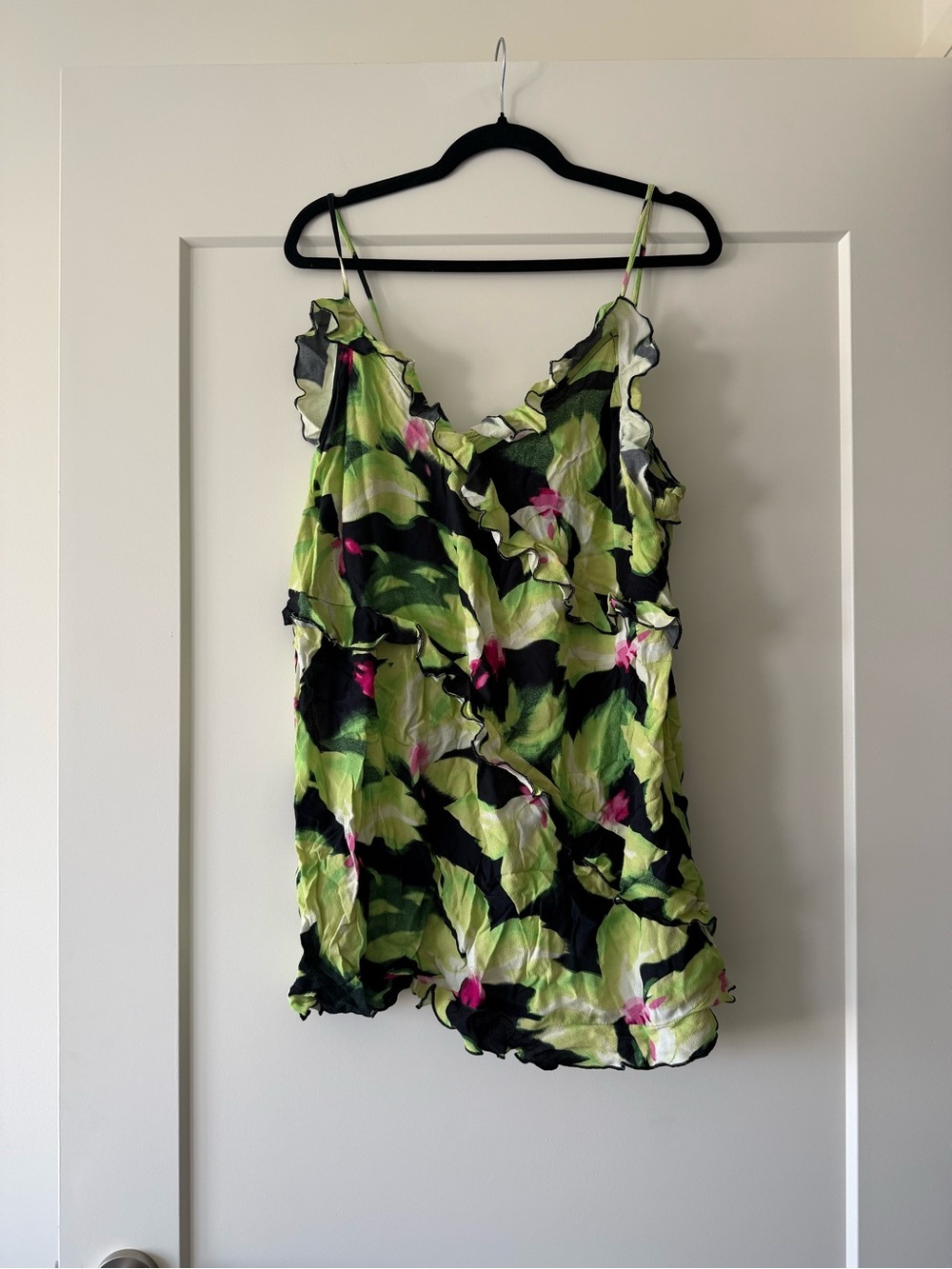 Ruffled Floral Cami Dress in Lime Green & Black